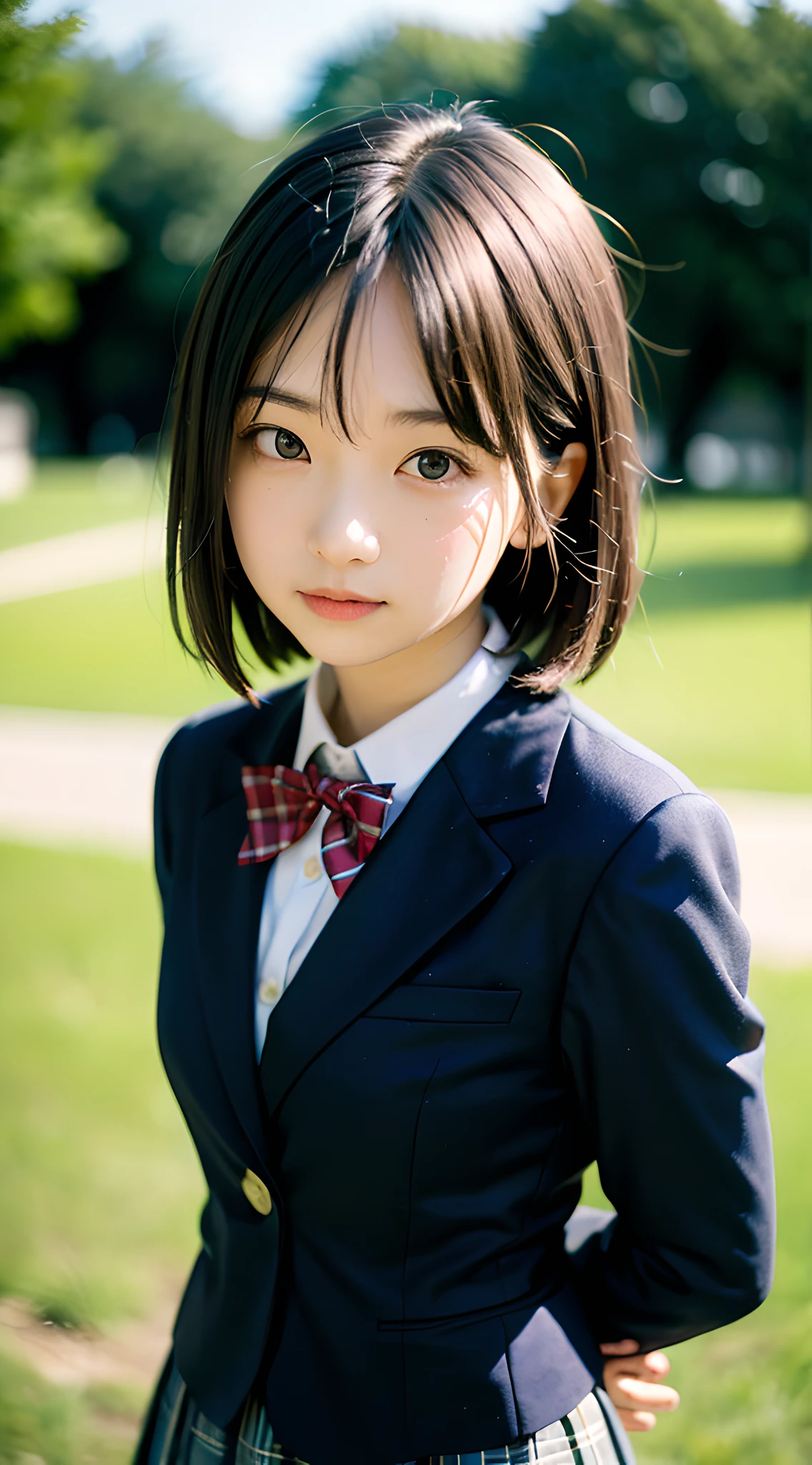 (masterpiece, best quality:1.4), award winning portrait, 8k, 85mm, solo, beautiful face, delicate girl, school uniform, (dark navy blazer jacket, arms behind back, close up face:1.2), dark navy skirt, long sleeve, violaceaess, gardeniass, short hair, elegance, sophisticated, (smile:0.7), cute, teen, looking at viewer, 18yo, raw photo, absurdres, HDR, sharp focus, outdoor, bow tie, bokeh background