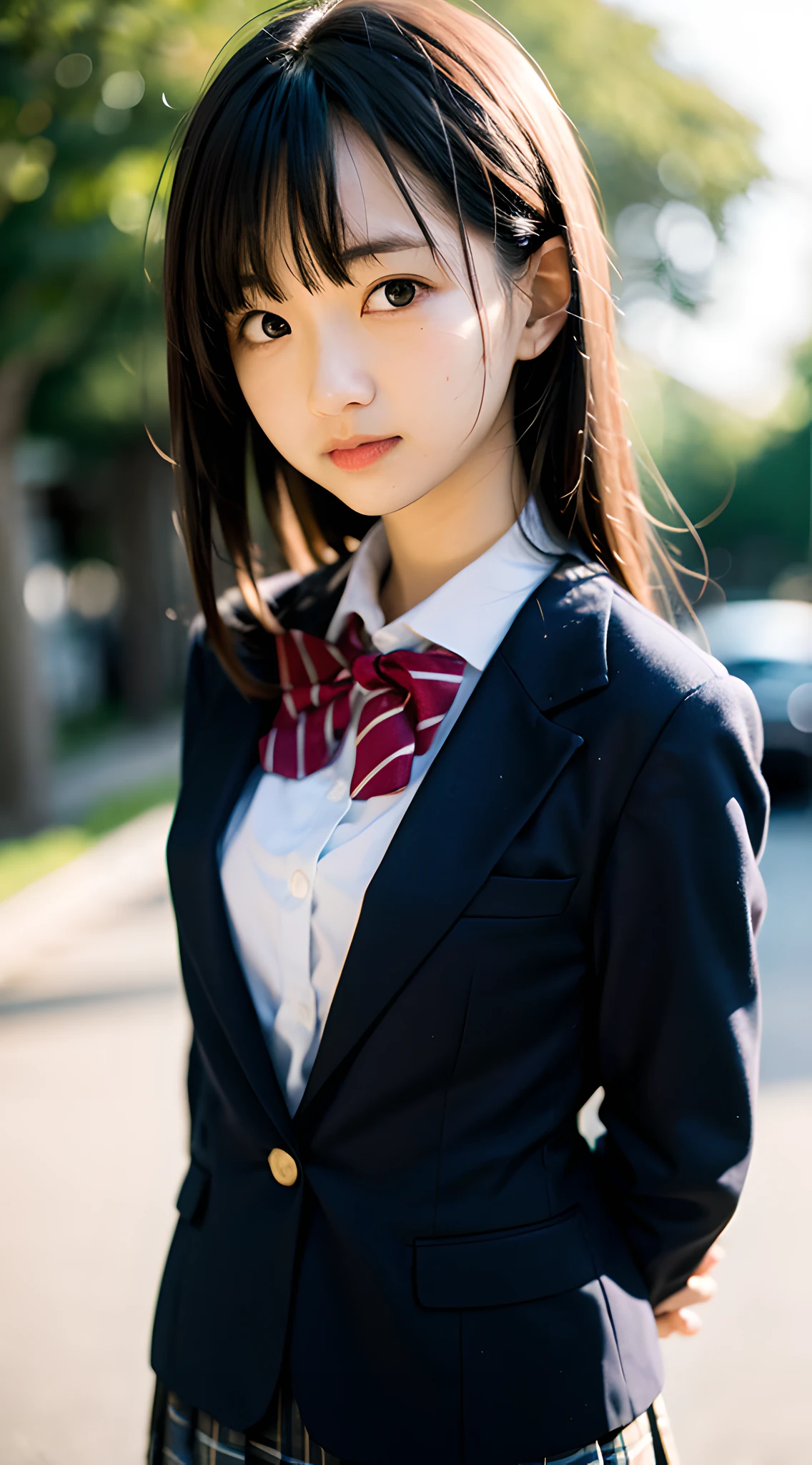 (masterpiece, best quality:1.4), award winning portrait, 8k, 85mm, solo, beautiful face, delicate girl, school uniform, (dark navy blazer jacket, arms behind back, close up face:1.2), dark navy skirt, long sleeve, violaceaess, gardeniass, elegance, sophisticated, (smile:0.7), cute, teen, looking at viewer, 18yo, raw photo, absurdres, HDR, sharp focus, bow tie, bokeh background