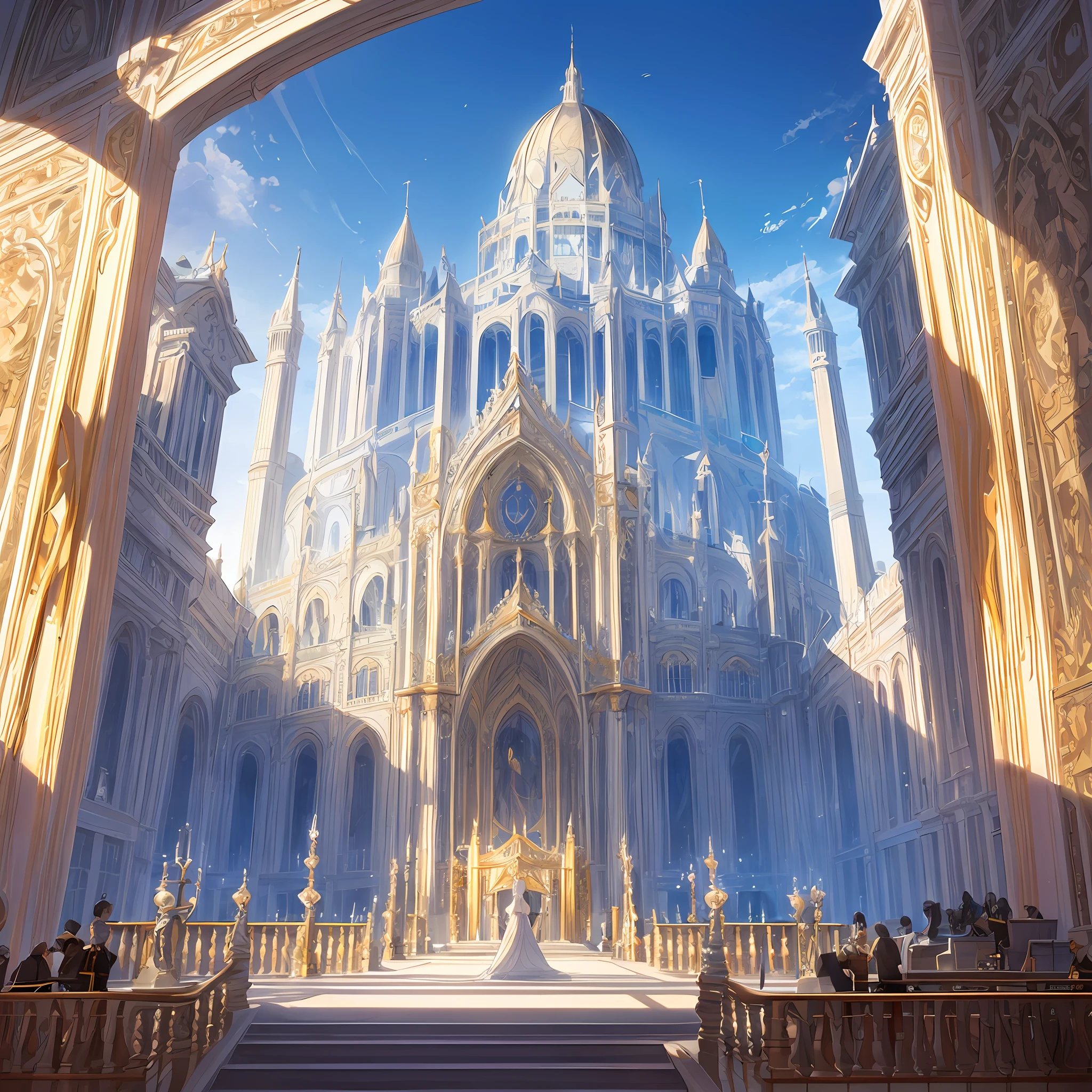 (create a stunning and grandiose environment:) From the outside, it is a place of pure white and shimmering gold, with a magnificent sanctuary rising high towards the sky at its center.