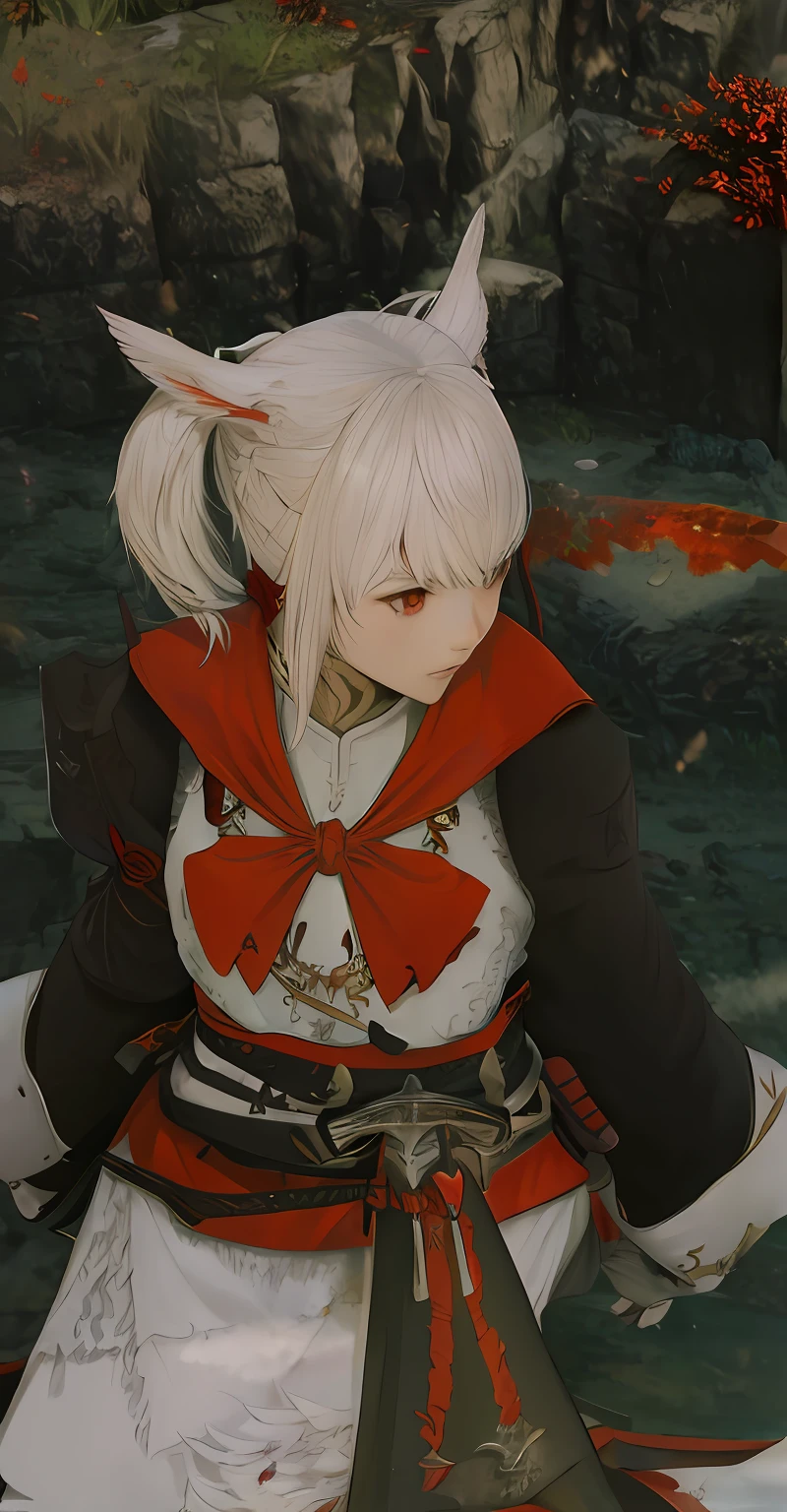 Anime characters dressed in white and red and holding swords, final fantasy 14 style, final fantasy 1 4 screenshot, final fantasy 14 sharp, final fantasy 1 4, Final Fantasy XIV, ffxiv, 2 b, 2b, [ 4 K photorealism ], From《final fantasy》, Final Fantasy XIV: endwalker, Tifa Lockhart with white hair, shikamimi