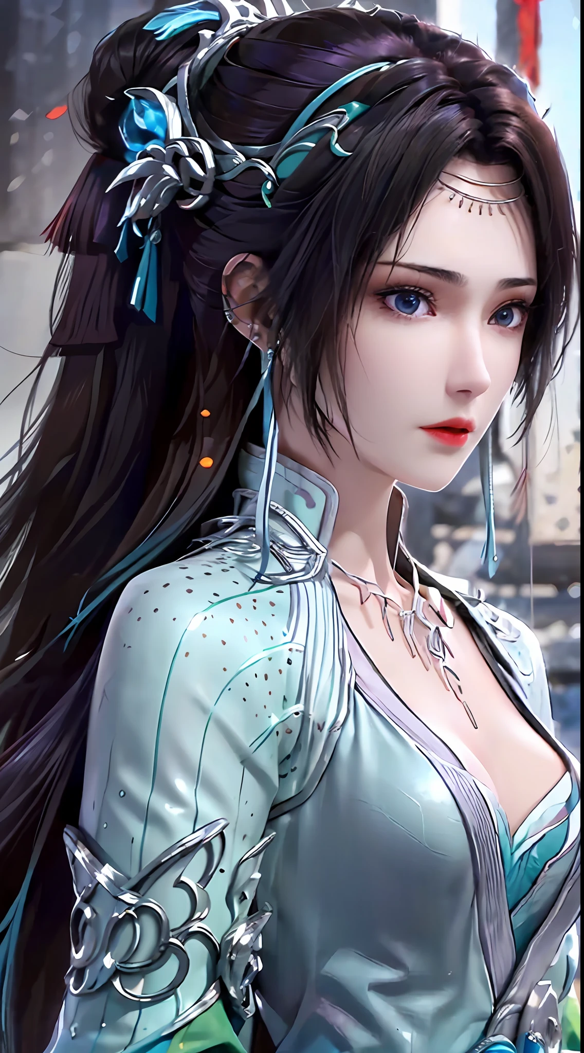 1 hot sexy beautiful girl in blue hanfu silk blouse, blue silk top with white pattern, white lace trim, purple black long ponytail, blue aura on the girl's back, hair jewelry, ear jewelry, necklace and necklace, big blue eyes meticulously made up, thin eyebrows, extremely detailed and sharp eye makeup, high nose, pretty red lips, no smile, pursed lips, rosy cheeks, enlarged breasts, large breasts, well-proportioned breasts, slim waist, blue mesh socks, wide sleeves, (2 straight arms: 1.7), Chinese hanfu style, art motifs fantasy, vivid and true colors, RAW photos, realistic photos, ultra-high quality 8k surreal photos, (wonderful lighting effects: 1.8), 10x pixels, magic effects (background): 1.8) , super detailed eyes, upper body girl, girl portrait, alone girl, hanfu historical background,