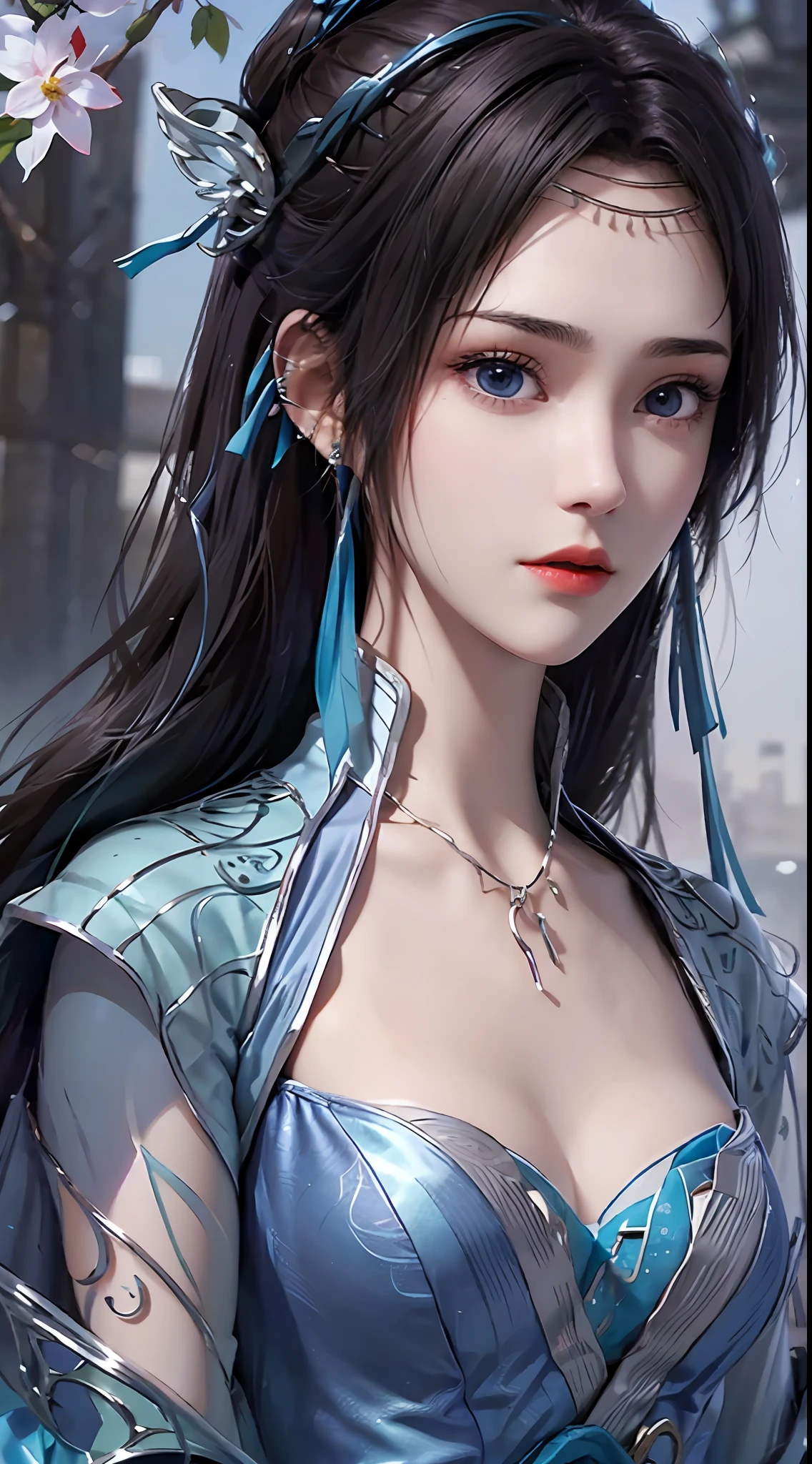 1 hot sexy beautiful girl in blue hanfu silk blouse, blue silk top with white pattern, white lace trim, purple black long ponytail, blue aura on the girl's back, hair jewelry, ear jewelry, necklace and necklace, big blue eyes meticulously made up, thin eyebrows, extremely detailed and sharp eye makeup, high nose, pretty red lips, no smile, pursed lips, rosy cheeks, enlarged breasts, large breasts, well-proportioned breasts, slim waist, blue mesh socks, wide sleeves, (2 straight arms: 1.7), Chinese hanfu style, art motifs fantasy, vivid and true colors, RAW photos, realistic photos, ultra-high quality 8k surreal photos, (wonderful lighting effects: 1.8), 10x pixels, magic effects (background): 1.8) , super detailed eyes, upper body girl, girl portrait, alone girl, hanfu historical background,