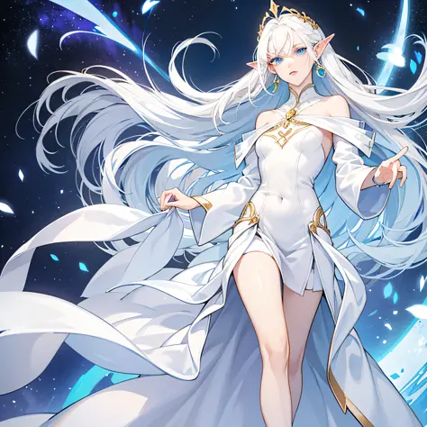 White hair，femele，White skin of the，blue color eyes，Slender fingers, slim figure, graceful, hot and sexy，Wearing a white dress，Expose your feet，elegant，style of anime，tmasterpiece，A look of desire and dissatisfaction，Gold sapphire earrings，elvish ears，long...