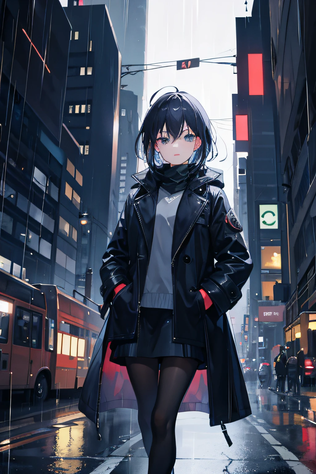 1girl, Night City, rain, coat, hands in pockets