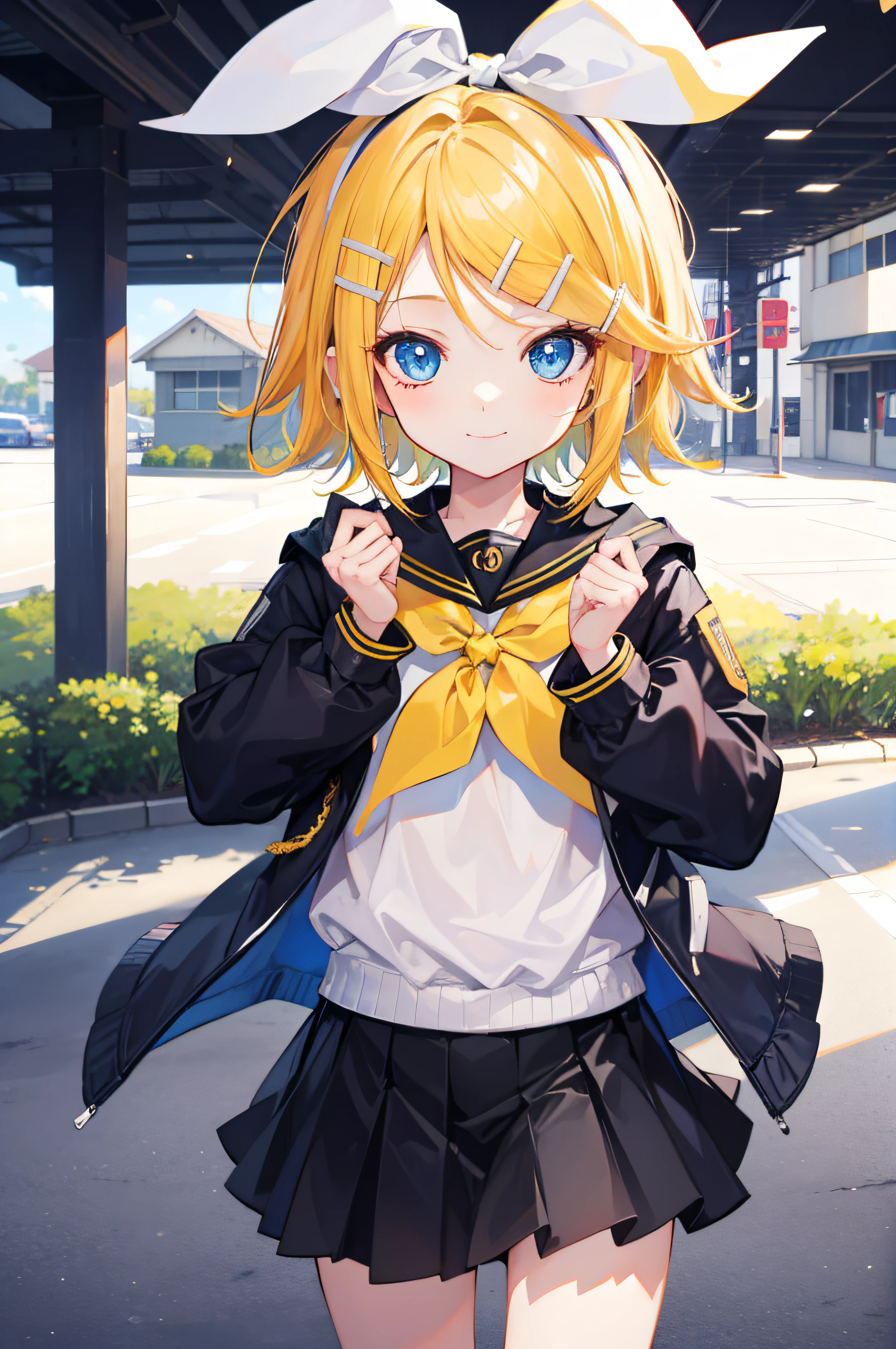 best quality, ultra precision, one girl, (Rin_Kagamine), blond hair, cute, smiles, short hair, junior high school student, blue eyes