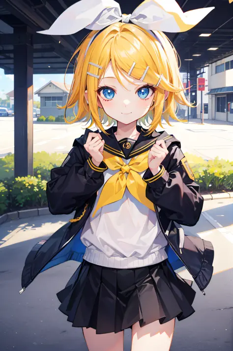 best quality, ultra precision, one girl, (Rin_Kagamine), blond hair, cute, smiles, short hair, junior high school student, blue ...