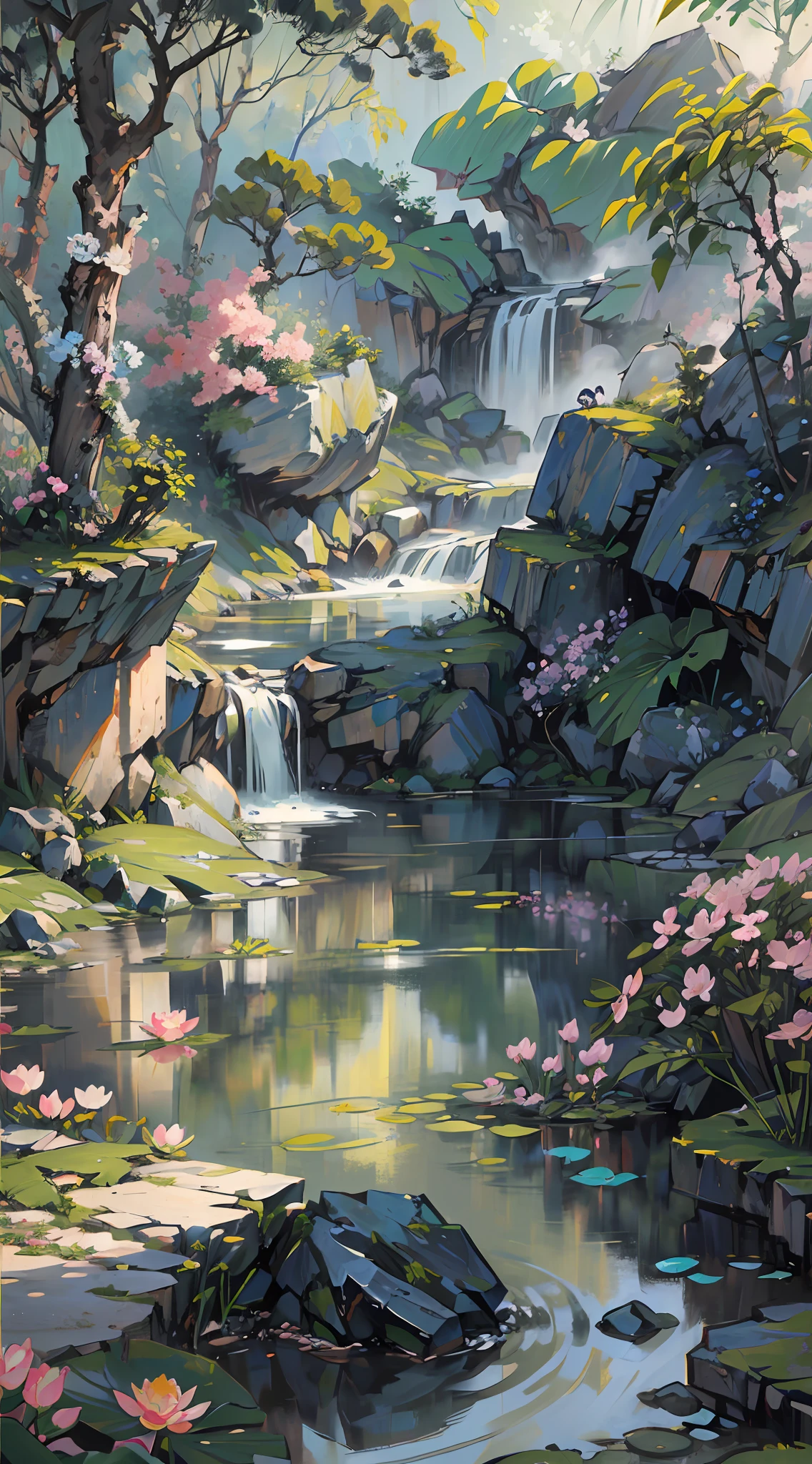 ((beste Qualität, Meisterwerk: 1.2)), CG, 8K, komplizierte Details, filmische Perspektive, (Niemand da), (Alter chinesischer Garten), pond filled with lotus Blumen, Felsen, Blumen, Bambuswälder, waterfalls, Waldgebiete, kleine Brücken über plätschernde Bäche, detailed foliage and Blumen, (Sonnenlicht scheint, Glitzernde Wellen), friedliche und ruhige Atmosphäre, ((Sanfte und elegante Farben)), ((exquisit gestaltete Komposition))