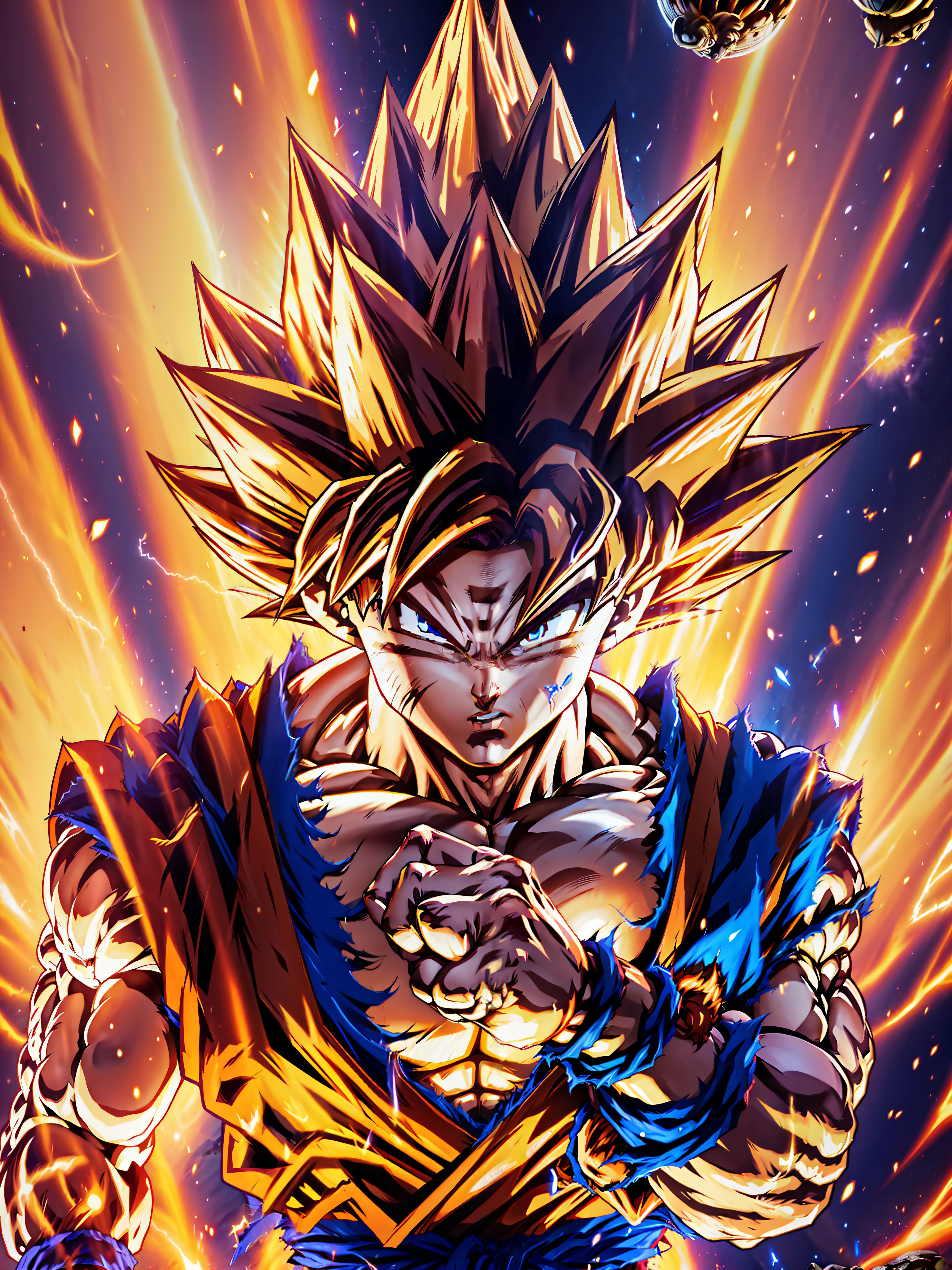 Goku, papel de parede ultra-detalhado da unidade CG 8k, melhor qualidade, melhor iluminação, melhor sombra, pose dinâmica, vôo (Se possível), Aura Super Saiyajin, lutando contra um oponente digno, fundo épico, plano amplo)
