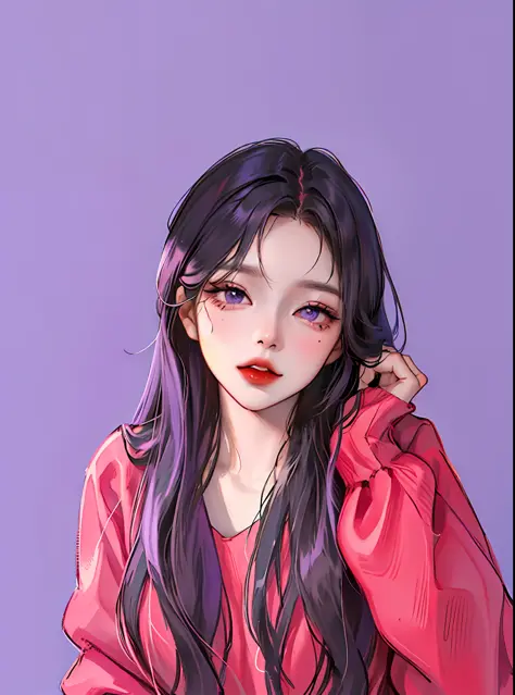 (highest resolution, distinct_image) The best quality, a woman, masterpiece, highly detailed, (semi-realistic), long purple hair, long straight hair, purple eyes, mature, mouth closed, red lips, close-up portrait, solid circle eyes, minimalistic