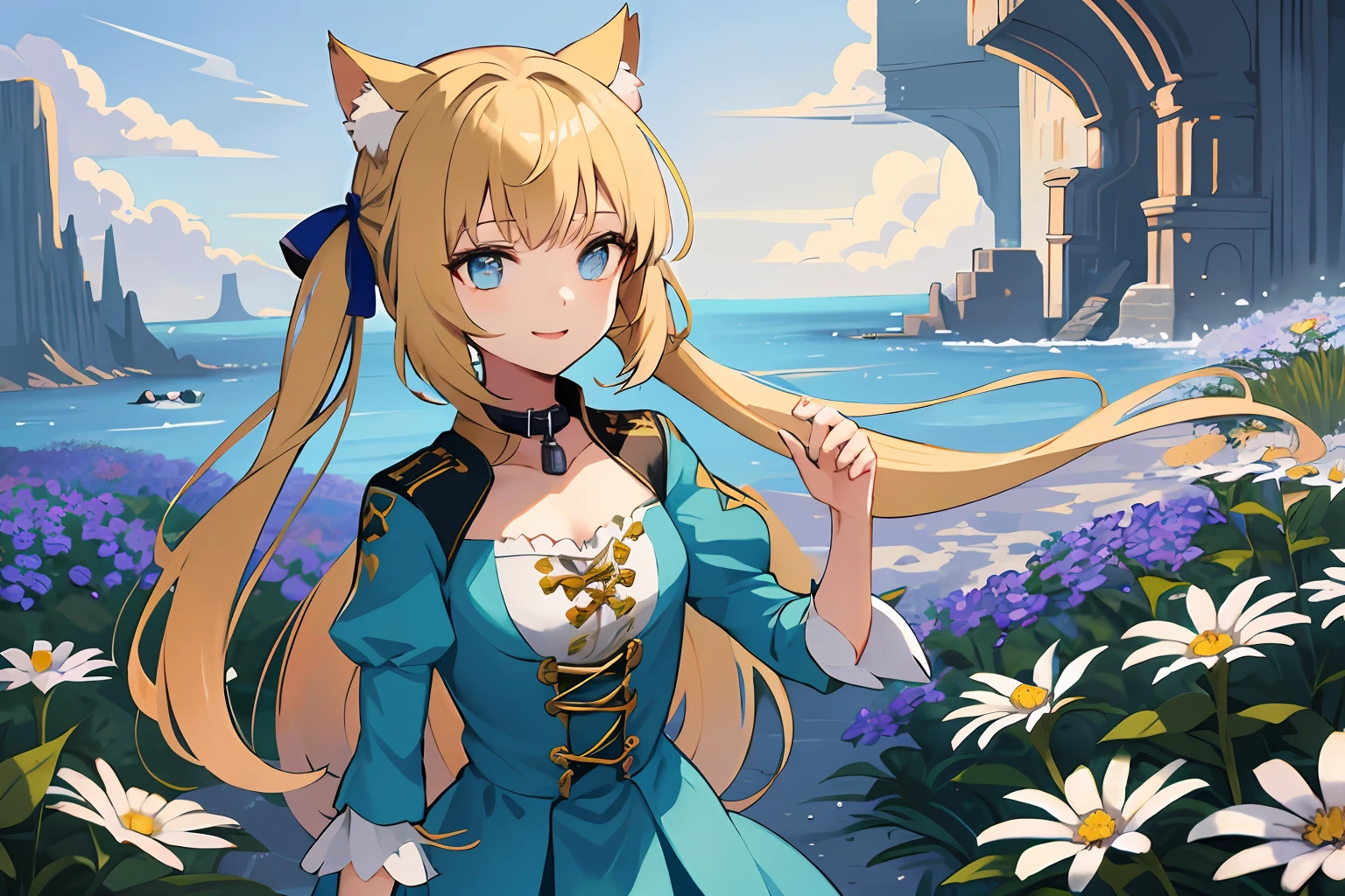 A cute petite girl，140cm tall，She has long pale yellow hair，Wearing cat ear decoration，Has light blue eyes，Wearing a brown collar，wearing blue dress，Poor milk，In a sea of flowers，ssmile