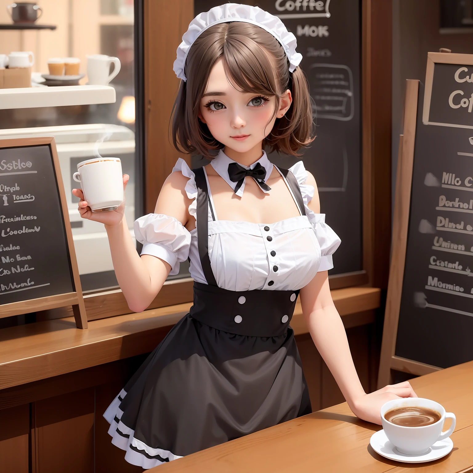 There was a woman in a Mucama costume holding a cup of coffee, anime girl in a Mucama costume, chica misteriosa de la cafetería, gorgeous Mucama, traje de mucama, cosplay de un chico gato! Mucama! vestido, ( camarera ) chica, japanese Mucama cafe, Maid vestido, , wearing Mucama uniform, anime cat girl in a Mucama costume, tendencia en cgstation，estilo realista，La taza de café humeaba，Aumentar el haz