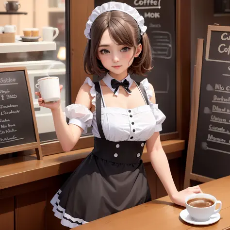 There was a woman in a maid costume holding a cup of coffee, anime girl in a maid costume, mysterious coffee shop girl, gorgeous...