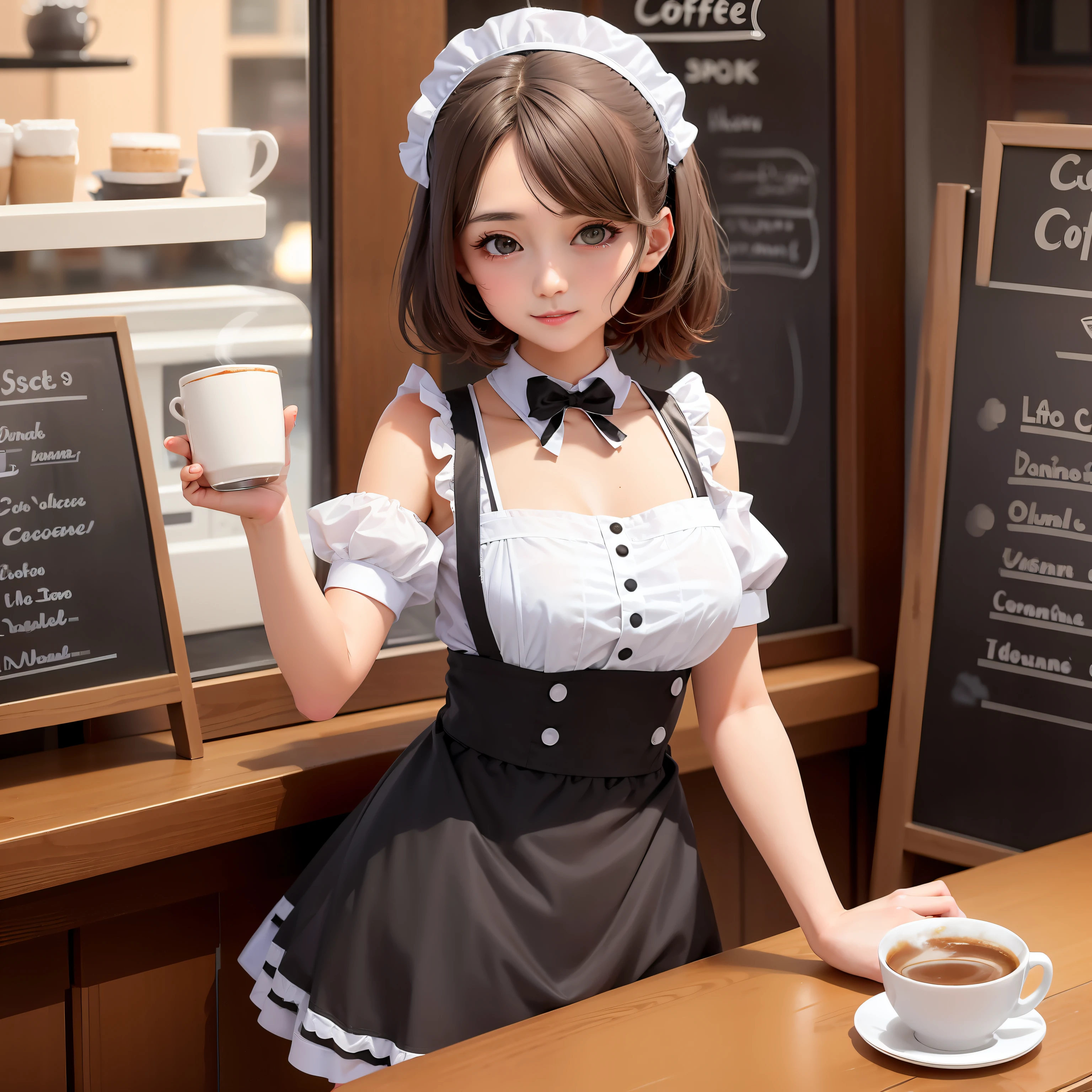 There was a woman in a Femme de ménage costume holding a cup of coffee, anime girl in a Femme de ménage costume, mystérieuse fille de café, gorgeous Femme de ménage, tenue de femme de chambre, cosplay d&#39;un catboy! Femme de ménage! robe, ( serveuse ) fille, japanese Femme de ménage cafe, Maid robe, , wearing Femme de ménage uniform, anime cat girl in a Femme de ménage costume, tendance sur cgstation，Style réaliste，La tasse à café fumait，Augmenter le faisceau