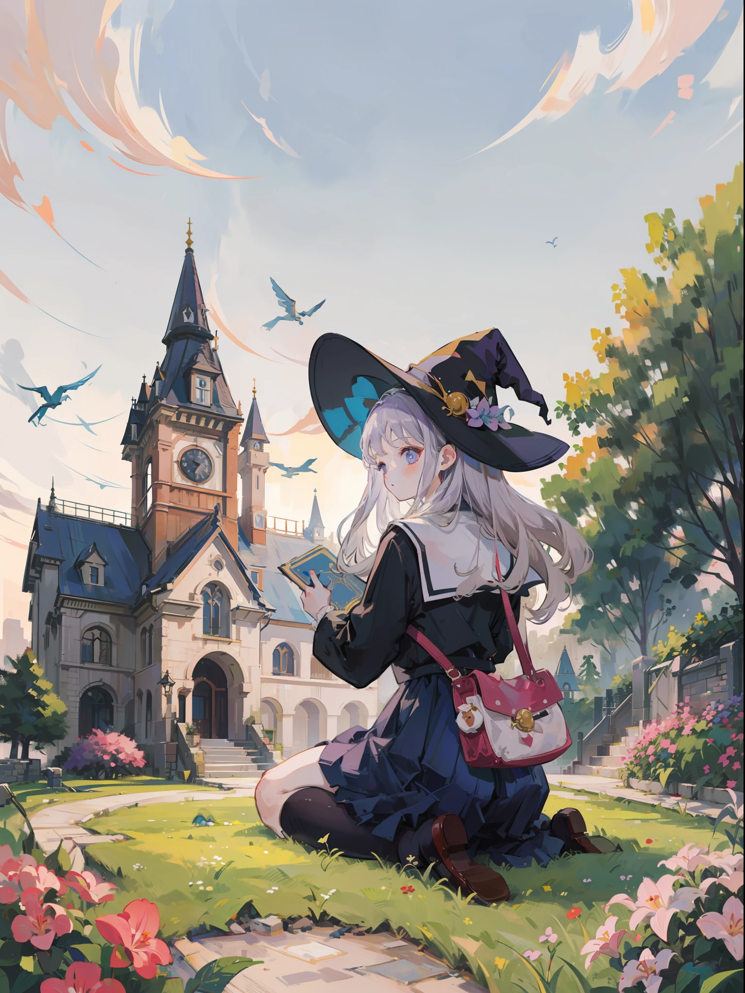 Anime girl in a witch hat sitting on a lawn in front of a castle - SeaArt AI