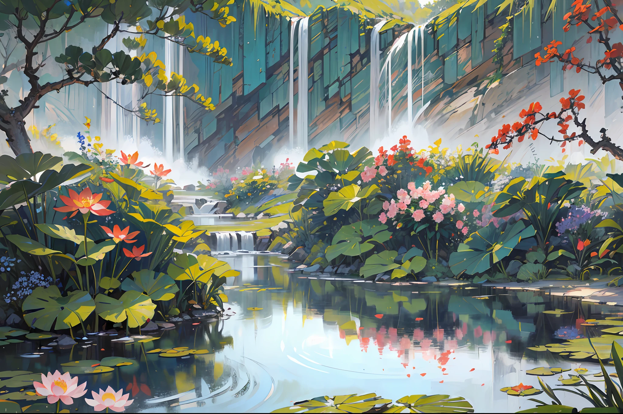 ((最好的品質, 傑作: 1.2)), CG, 8K, 錯綜複雜的細節, 電影視角, (周圍沒有人), (中國古代園林), pond filled with lotus 花朵, 岩石, 花朵, 竹林, 瀑布, 樹木繁茂的地區, 小橋橫跨潺潺溪流, detailed foliage and 花朵, (陽光照耀, 波光粼粼的波浪), 宁静祥和的气氛, ((色彩柔和優雅)), ((精雕細琢的構圖))