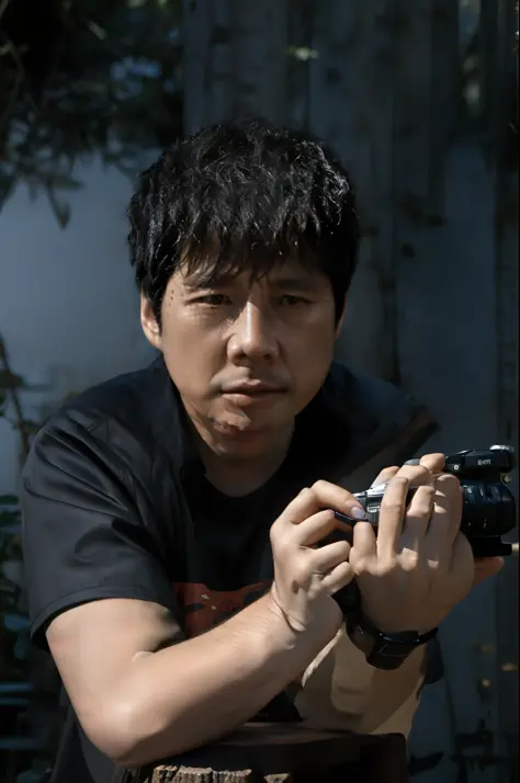 There was a man sitting on a stool holding a camera, chinese artist, In the forest，Sunnyday，rainforests
