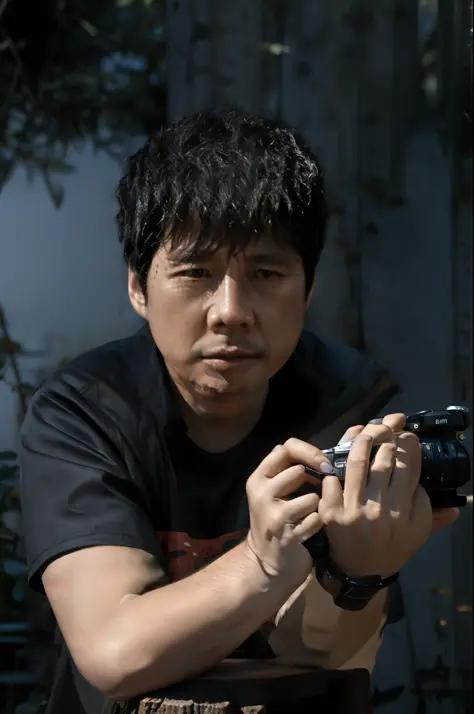 there was a man sitting on a stool holding a camera, chinese artist, in the forest，sunnyday，rainforests