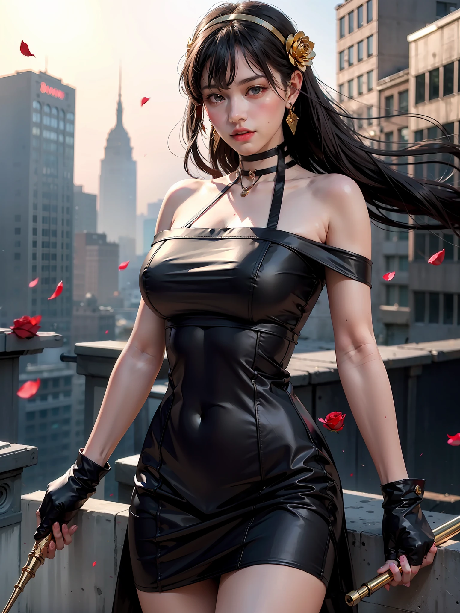 best quality, ultra high res, (photorealistic:1.4),cute,cityscape,professional lighting, photon mapping, radiosity, physically-based rendering,yor briar, 1girl, backlighting, bare shoulders, black dress, black gloves, black long hair, large breasts, closed mouth, cowboy shot,leather dress, earrings, expressionless, fingerless gloves, floating hair, floral print, flower, gloves, gold earrings, gold hairband, hair flower, hair ornament, hairband, holding, holding weapon, jewelry, large breasts, light particles, long hair, looking at viewer, off-shoulder dress, off shoulder, petals, red eyes, rose, rose petals, rose print, short hair with long locks, sidelocks, solo, spikes, thighs, two-sided dress, two-sided fabric, weapon ,((masterpiece)) ,huge hips,18 years old cute girl,