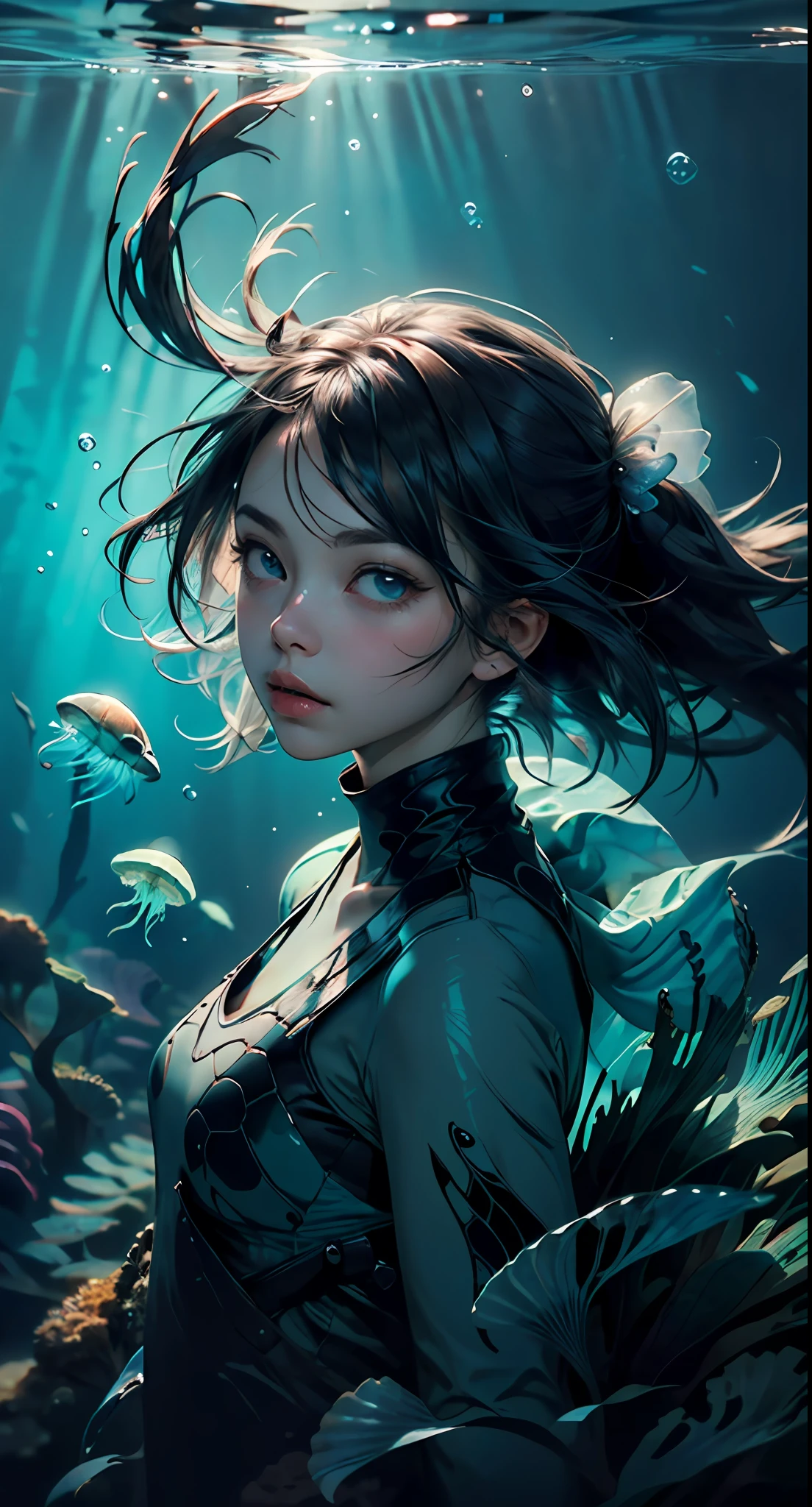 ((masterpiece,best quality)),(negative space:1.2),(1girl, solo:1.4),beautiful detailed eyes,floating hair, underwater, bubble, fish, (jellyfish), fluorescence,sea turtle, seaweed,