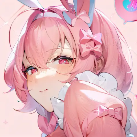 Anime girl with pink hair and bunny ears holding pink heart, Bunny Girl, with bunny ears, pink twintail hair and cyan eyes, with...