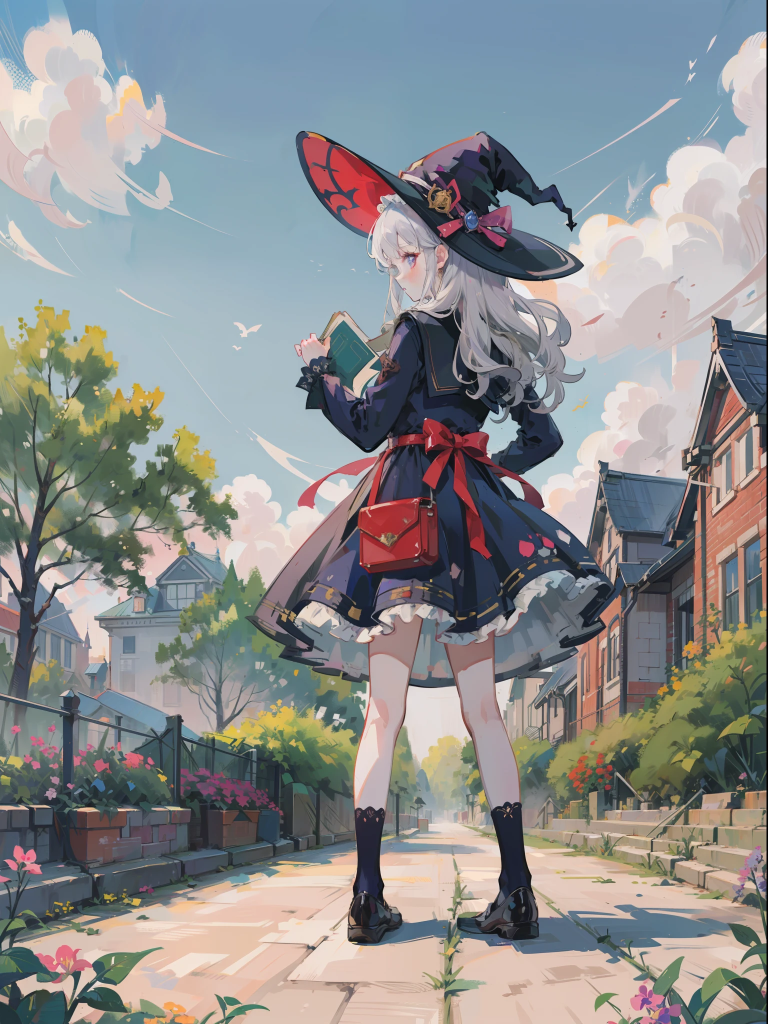 Anime girl in a hat and dress standing on a street - SeaArt AI