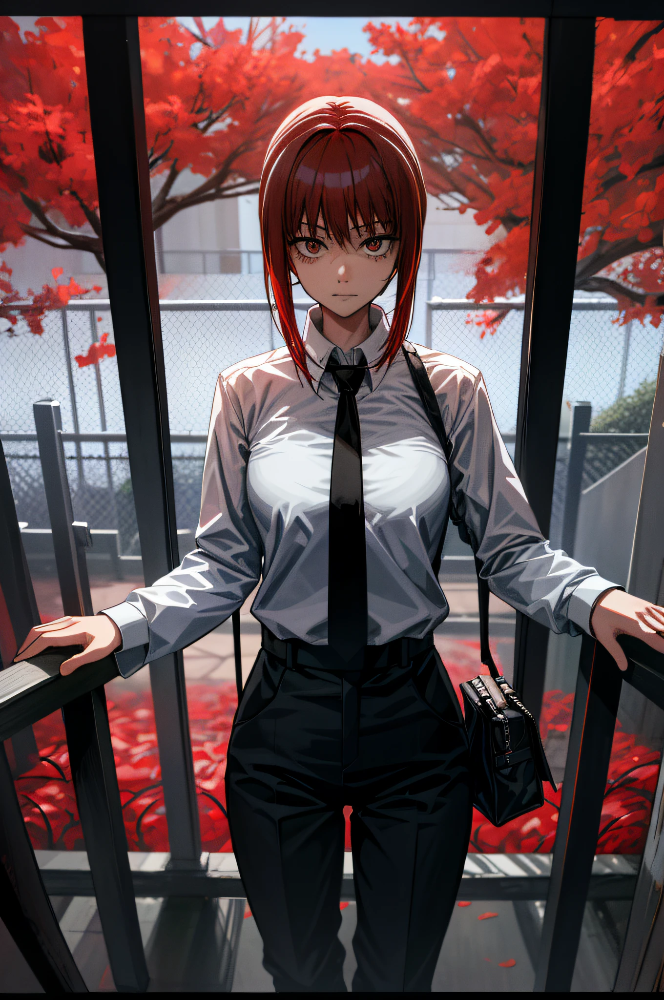 HighestQuali, highly  detailed、white  shirt、black necktie、red hair，Stand behind the fence，