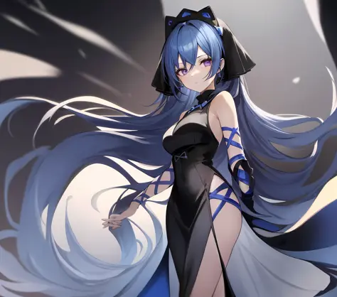 gradient blue-haired girl，has a pair of charming and deep purple eyes。are standing，dressed in a high-end dress with a gradient g...