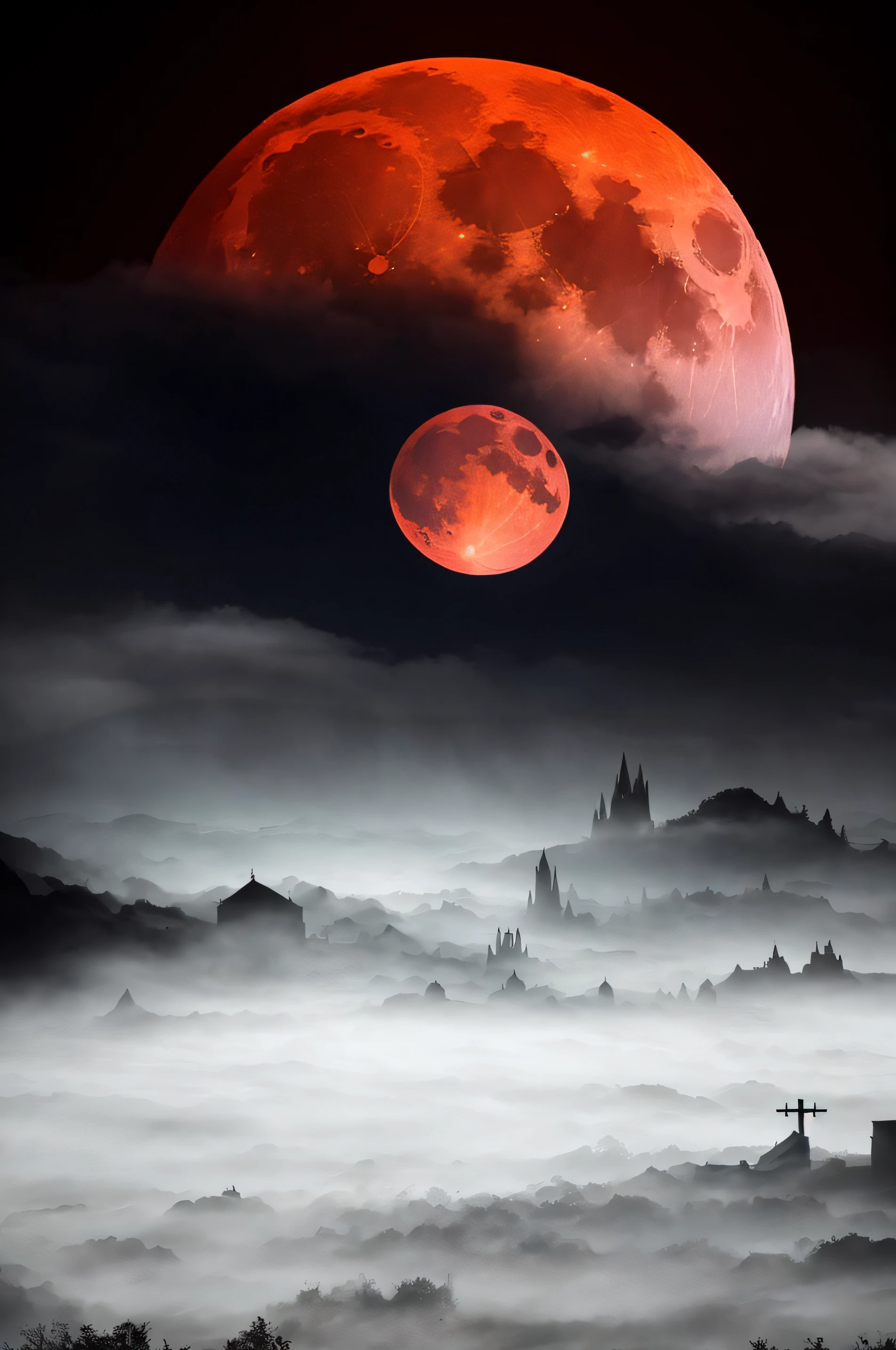 A red moon is seen over a mountain range with fog - SeaArt AI