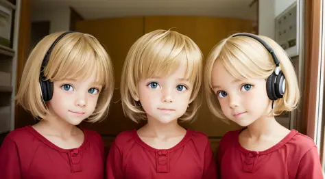 Blond-haired triplets,fones de ouvido, fire em segundo plano,