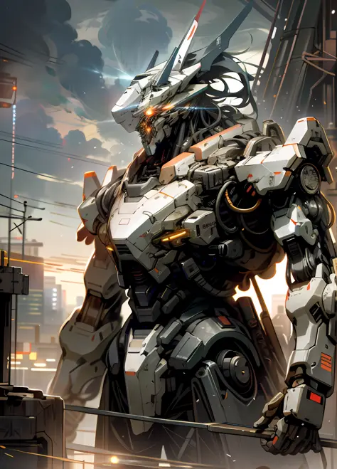 "An awe-inspiring,mechanical behemoth looms over a futuristic city, filled with towering buildings and the glow of neon lights. The skies above are filled with ominous clouds, as the colossal mecha holds a weapon in its hands, radiating a mysterious, other...