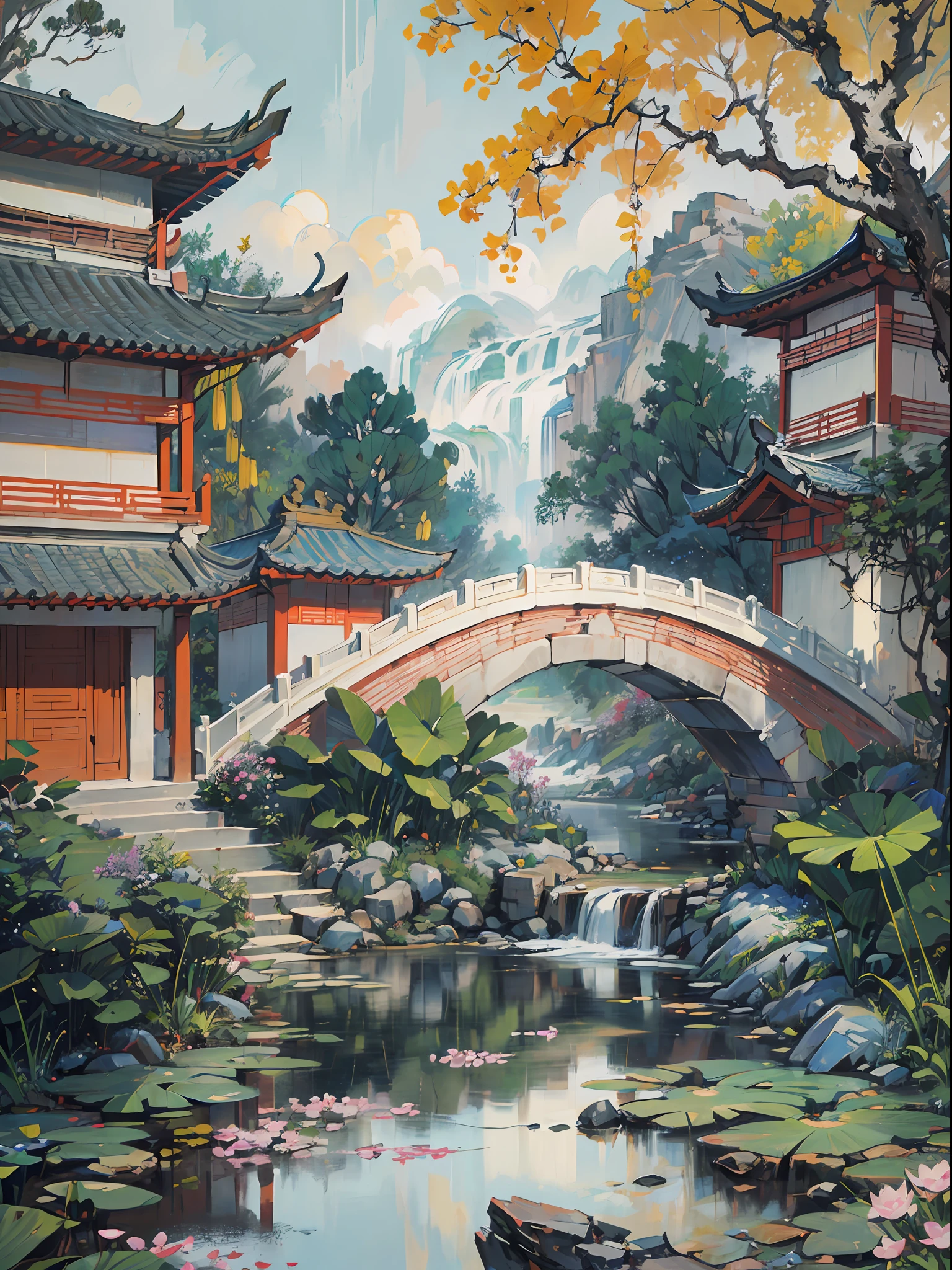 ((beste Qualität, Meisterwerk: 1.2)), CG, 8K, komplizierte Details, filmische Perspektive, (Niemand da), (Alter chinesischer Garten), pond filled with lotus Blumen, Felsen, Blumen, Bambuswälder, waterfalls, Waldgebiete, kleine Brücken über plätschernde Bäche, detailed foliage and Blumen, (Sonnenlicht scheint, Glitzernde Wellen), friedliche und ruhige Atmosphäre, ((Sanfte und elegante Farben)), ((exquisit gestaltete Komposition))