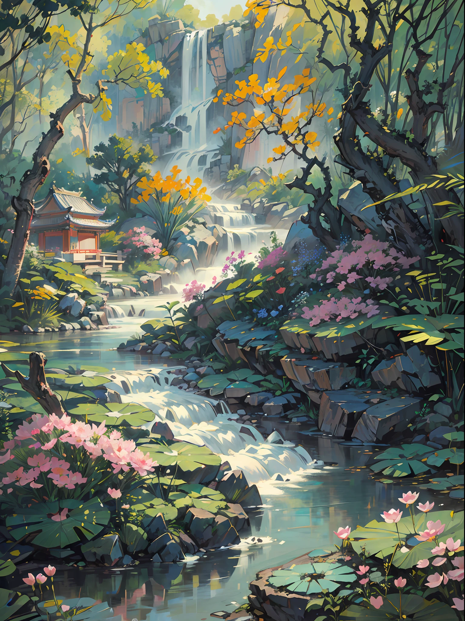 ((beste Qualität, Meisterwerk: 1.2)), CG, 8K, komplizierte Details, filmische Perspektive, (Niemand da), (Alter chinesischer Garten), pond filled with lotus Blumen, Felsen, Blumen, Bambuswälder, waterfalls, Waldgebiete, kleine Brücken über plätschernde Bäche, detailed foliage and Blumen, (Sonnenlicht scheint, Glitzernde Wellen), friedliche und ruhige Atmosphäre, ((Sanfte und elegante Farben)), ((exquisit gestaltete Komposition))