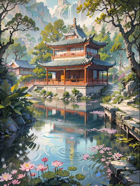 ((Best quality, masterpiece: 1.2)), CG, 8K, intricate details, cinematic perspective, (no one around), (Ancient Chinese garden),...