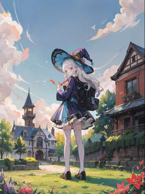 witch's school garden with a high tower。a wizard girl about 18 years old is looking back。(up of face)。i have a spellbook in my h...