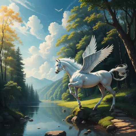 8K,Pegasus is resting,Looking up at the sky、highly detailed painting、Lakeside in the forest、 Spreading wings、