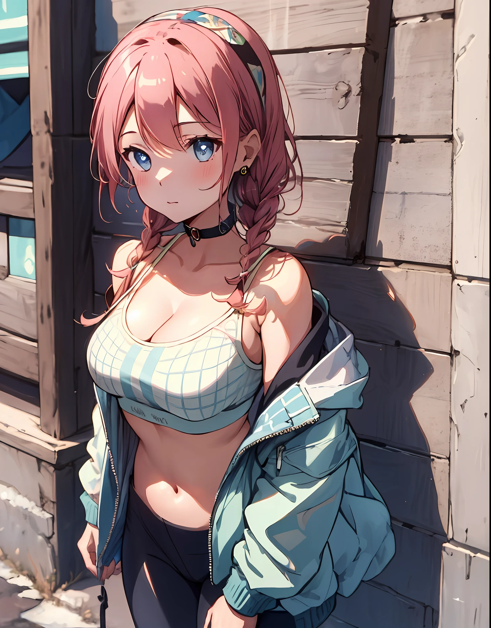 (((masterpiece))),((ultra-detailed)),(extremely detailed CG unity 8k wallpaper),high resolution, (extremely detailed illustration),
ShoalBeat, 1girl, breasts, blue poison \(shoal beat\) \(arknights\), solo, official alternate costume, pink choker, jacket, twin braids, braid, looking at viewer, navel, choker, holding, large breasts, open jacket, off shoulder, bare shoulders, bangs, jewelry, earrings, sports bra, stomach, long sleeves, pants, black pants, hairband, open clothes, white jacket, long hair, cleavage, leggings, collarbone, holding bottle, midriff, bottle, knee up, crop top, parted bangs, spaghetti strap, blush, hand up, standing, closed mouth, thighs, camisole, 
symbol-shaped eyes,