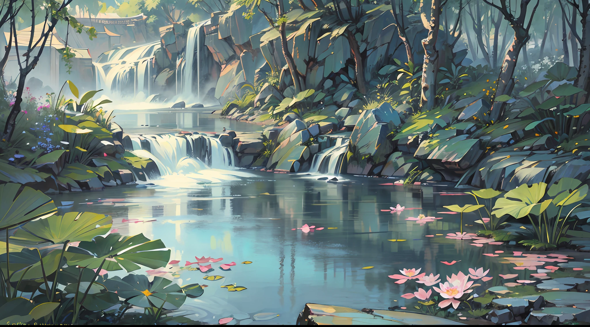 ((melhor qualidade, Obra de arte: 1.2)), CG, 8K, Detalhes intrincados, perspectiva cinematográfica, (ninguém por perto), (Antigo jardim chinês), pond filled with lotus flores, pedras, flores, florestas de bambu, cachoeiras, áreas arborizadas, pequenas pontes atravessando riachos murmurantes, detailed foliage and flores, (luz solar brilhando, ondas brilhantes), atmosfera pacífica e serena, ((cores suaves e elegantes)), ((composição primorosamente elaborada))