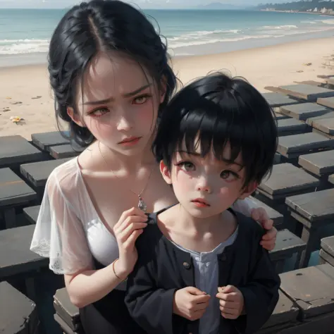 Little boy holding camellia handsome, real person, black hair, seaside, melancholy eyes --auto