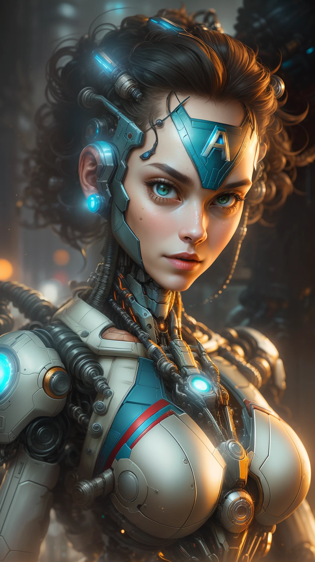 photo of Woman dressed as captain america from Marvel, biomechanical, complex robot, full growth, hyper-realistic, insane small details, extremely clean lines, cyberpunk aesthetic, a masterpiece presented at Zbrush Central