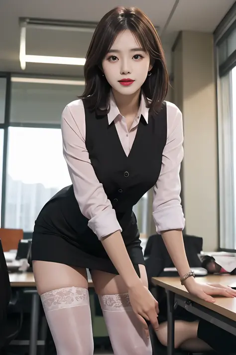 (Best quality: 1.1), (Realistic: 1.1), (Photography: 1.1), (highly details: 1.1), (1womanl), office room，Professional suits，black short skirt，black lence stockings，bent down,mix4,