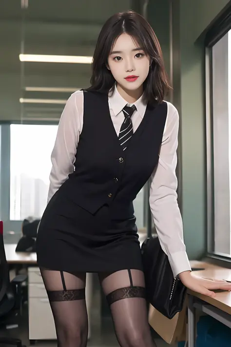 (Best quality: 1.1), (Realistic: 1.1), (Photography: 1.1), (highly details: 1.1), (1womanl), office room，Professional suits，black short skirt，black lence stockings，bent down,mix4,