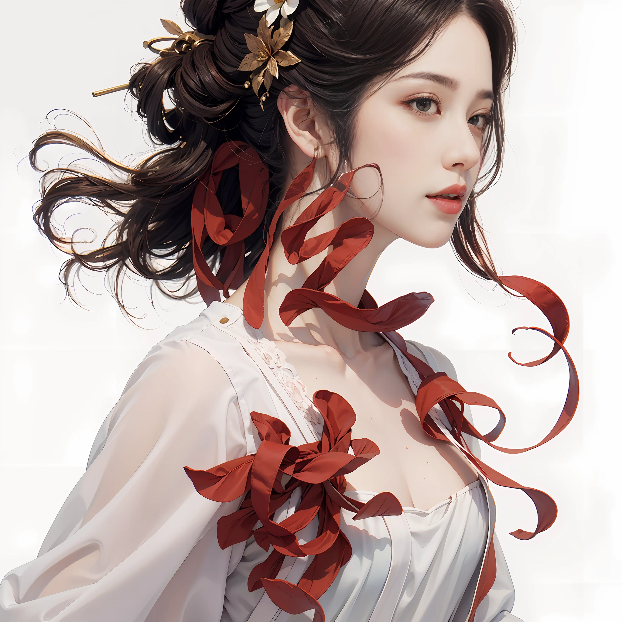 masterpiece,best quality,ultra-detailed,realistic,extremely detailed CG unity 8K wallpaper,upper body,fantacy,1 girl,flower open dress,Flowers grow on the body,(white background:1.5),Close - up shots，Aesthetic style