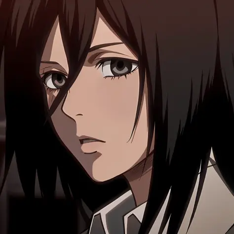 Anime girl with long black hair and white shirt staring at something, mikasa ackerman, screenshot from a 2012s anime, female ani...