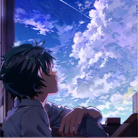 Anime boy looking at the sky outside the window，A plane flew overhead, watching the sunset. Anime, Anime Sky, gazing off into th...