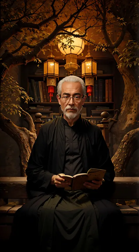 painting of a man sitting on a bench reading a book, wear glasses，taoist, inspired by wu daozi, makoto sinkai, by ni yuanlu, ins...