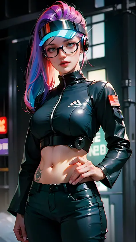 ((Best Quality)), ((Masterpiece)), ((glasses)), militar pants, long hair, mature, perfect eyes:1.2, woman face, big breasts, det...