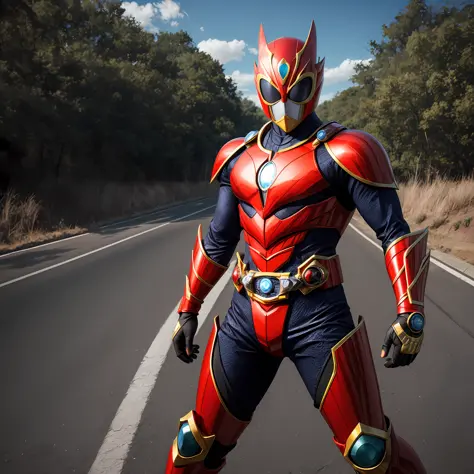 red kamen rider super stands on the road, , ray tracing, anatomically correct, ccurate, high details, super detail, best quality...