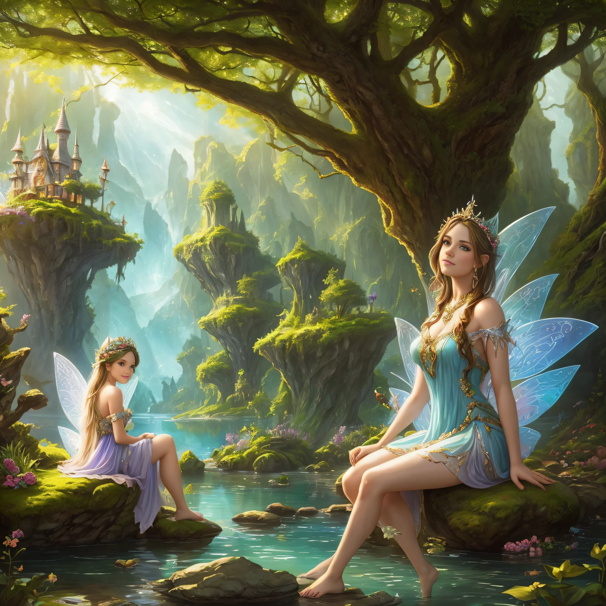 A couple of fairy girls sitting on a rock in a forest - SeaArt AI