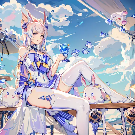Anime girl sitting on bench，Rabbit and rabbit in hand, A scene from the《azur lane》videogame, Anime fantasy illustration, azur la...