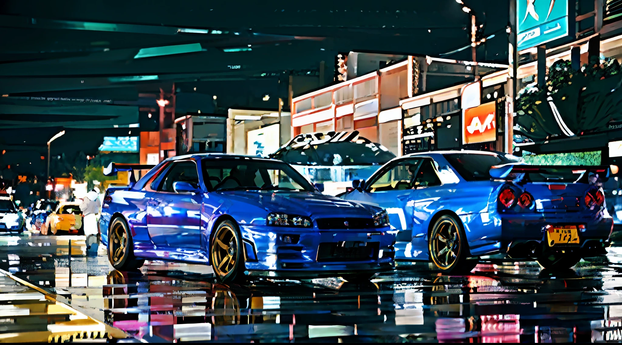 Image of a blue car driving on a wet street, nissan gtr r 3 4, Nissan R34 GTR, automotive photography, in a modified nissan skyline r34, Anime style mixed with Fujifilm, auto photography, kodakchrome : : 8 k'', HQ 8K wallpaper, automotive photography, vehicle photography